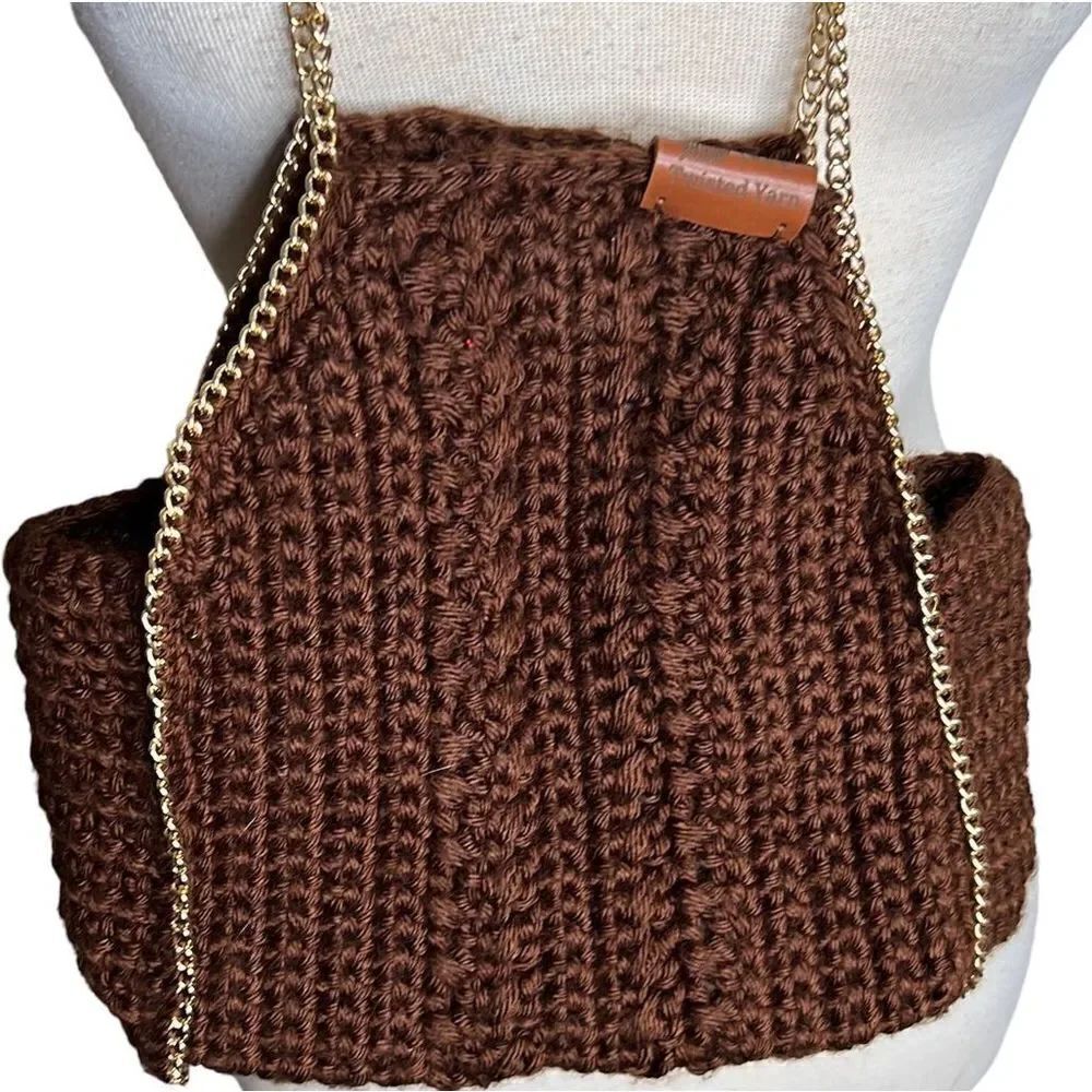 ❤️MF Twisted Yarn Crochet Bag Brown Gold Chain Boho